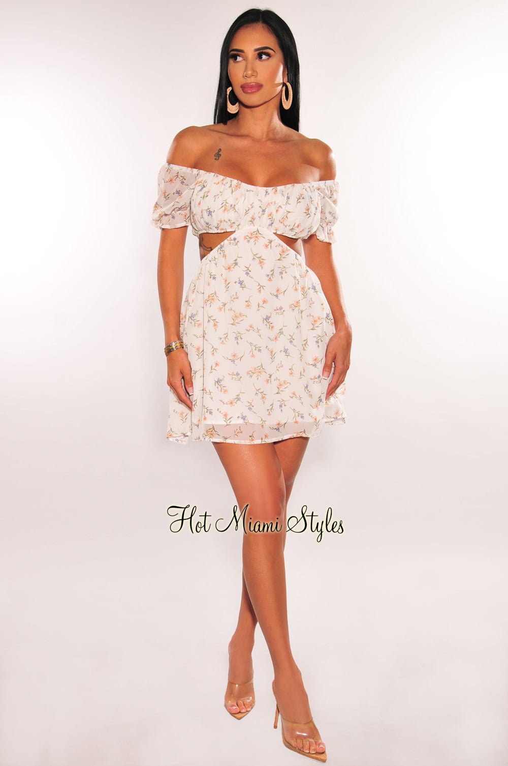 White Floral Print Off Shoulder Short Sleeve Cut Out Babydoll Dress Medium White Floral Print Off Shoulder Short Sleeve Cut Out Babydoll Dress Medium