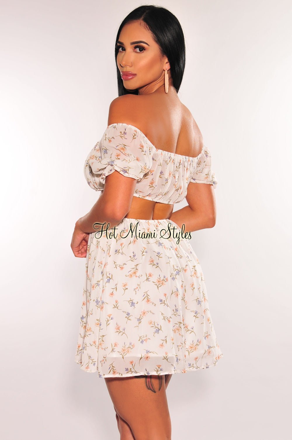White Floral Print Off Shoulder Short Sleeve Cut Out Babydoll Dress Medium