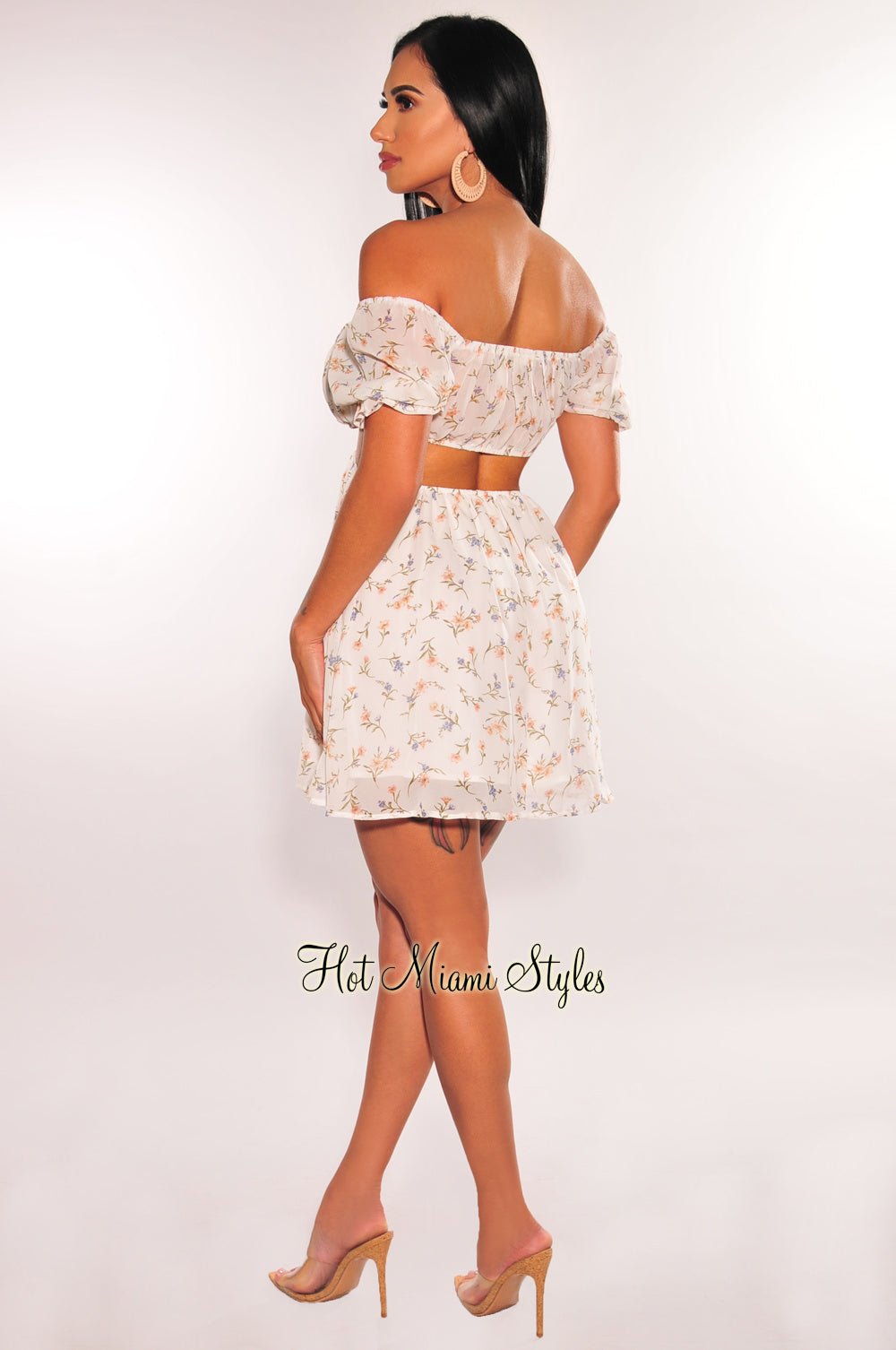 White Floral Print Off Shoulder Short Sleeve Cut Out Babydoll Dress Medium