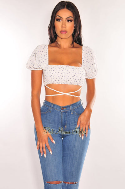 White Floral Print Short Sleeve Wrap Around Crop Top - Hot Miami Styles