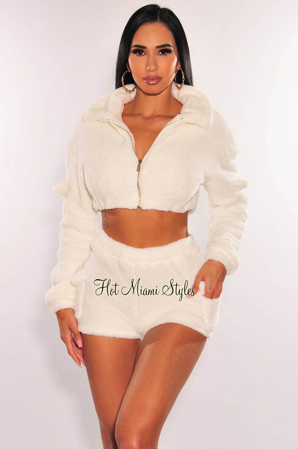 White Fuzzy Collared Zip Up Long Sleeve Shorts Two Piece Set