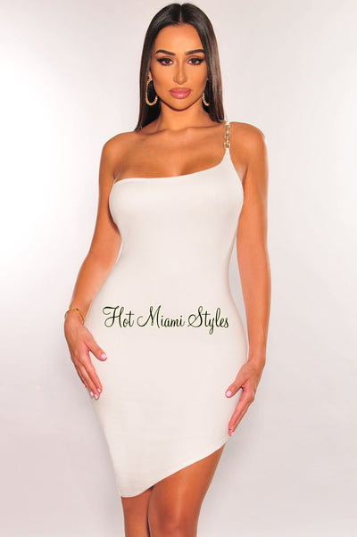 White Gold Chain One Shoulder Asymmetrical Dress - Hot Miami Styles