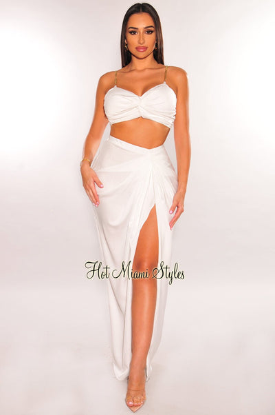 White Gold Chain Padded Knotted Slit Skirt Two Piece Set - Hot Miami Styles