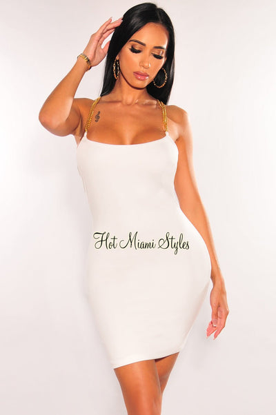 White Gold Chain Straps Cut Out Strappy Back Mini Dress - Hot Miami Styles