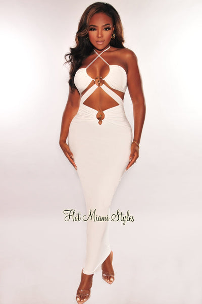 White Gold Ring Halter Strappy Cut Out Maxi Dress - Hot Miami Styles