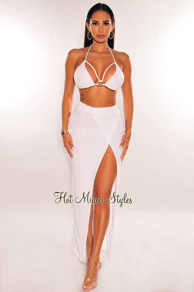 White Gold Ring Triangle Top Slit Skirt Two Piece Set - Hot Miami Styles