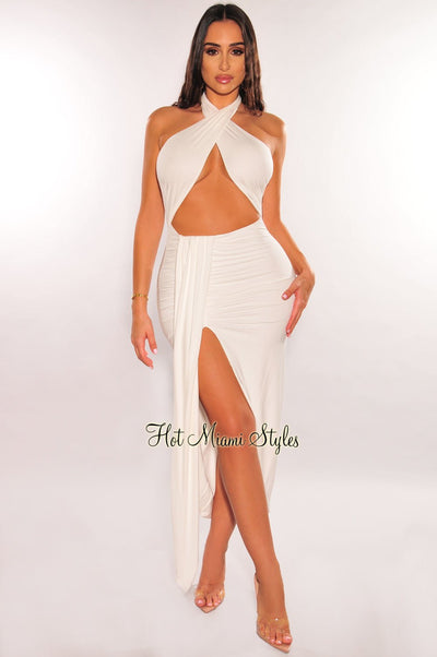 White Halter Crisscross Cut Out Drape Ruched Slit Dress - Hot Miami Styles