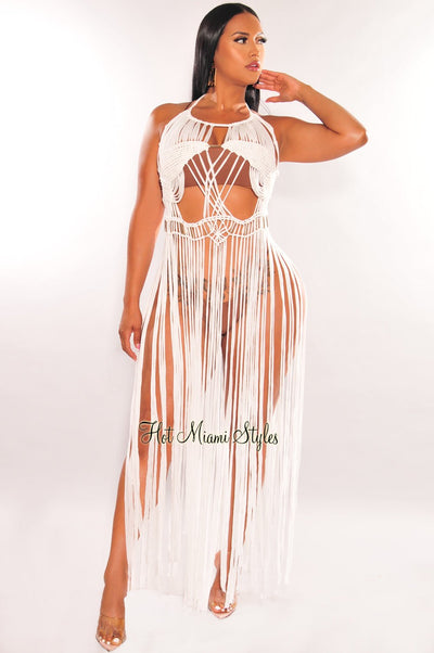 White Halter Crochet Knit Fringe Open Back Tie Up Cover Up - Hot Miami Styles