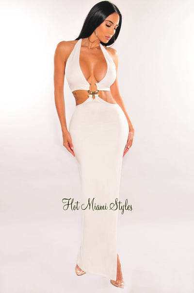 White Halter Gold Ring Slit Maxi Dress - Hot Miami Styles