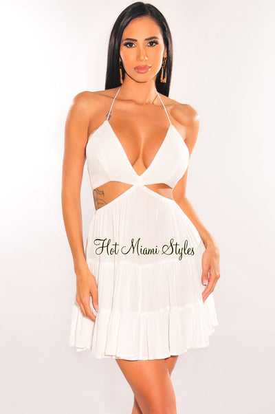 White Halter Lace Up Back Cut Out Babydoll Dress - Hot Miami Styles