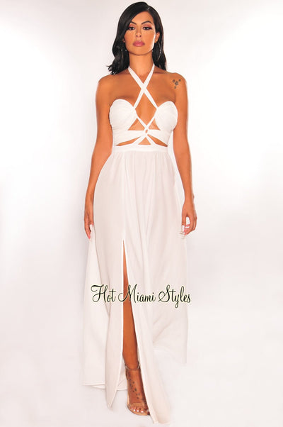 Red Halter O-Ring Cut Out Strap Slit Dress - Hot Miami Styles