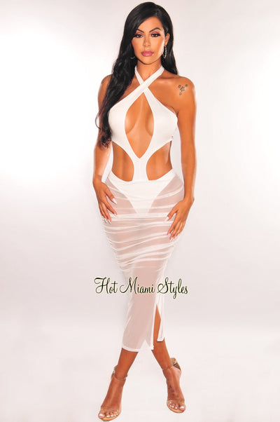 White Halter Tie Up Cut Out Mesh Ruched Dress - Hot Miami Styles