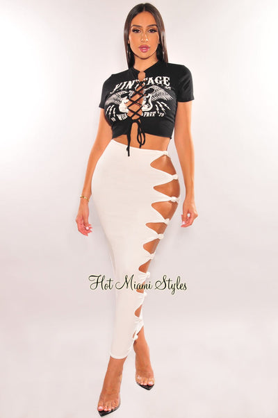 White High Waist Cut Out Knotted Slit Skirt - Hot Miami Styles