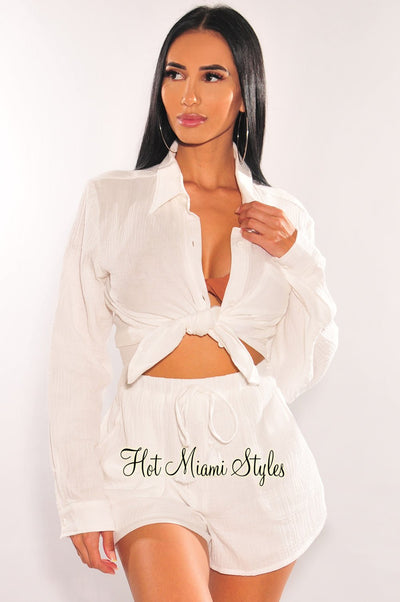 White High Waist Pocket Drawstring Shorts - Hot Miami Styles