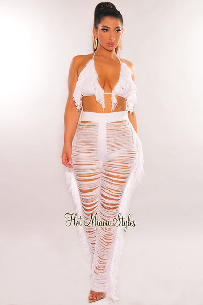 White Knit Halter Triangle Top Fringe Ladder Cut Pants Two Piece Set - Hot Miami Styles