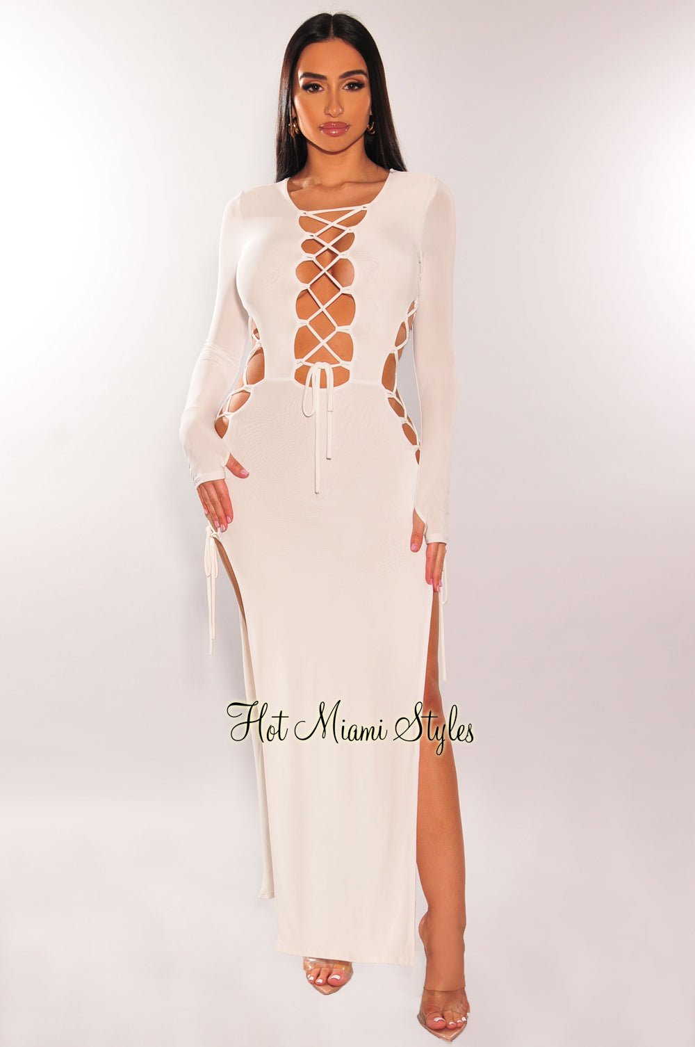 White Lace Up Long Sleeve Double Slit Dress Hot Miami Styles White Lace Up Long Sleeve Double Slit Dress Hot Miami Styles