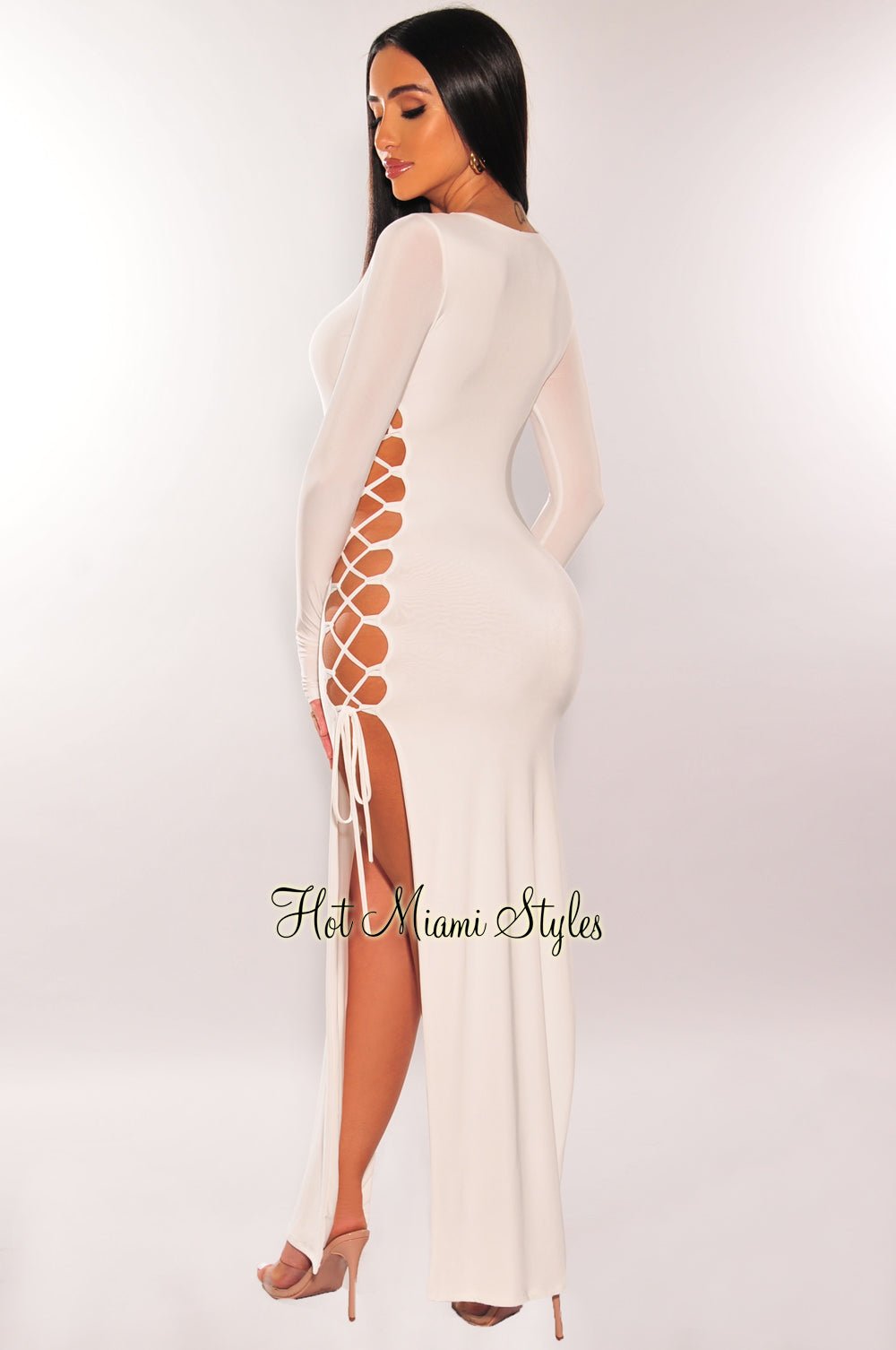 knee length dresses for ladies White Lace Up Long Sleeve Double Slit Dress – Hot Miami Styles