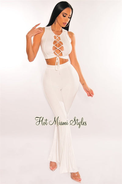 White Lace Up Sleeveless High Waist Palazzo Pant Two Piece Set - Hot Miami Styles
