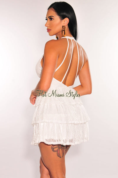 White Lace V Neck Ruffled Strappy Back Babydoll Dress - Hot Miami Styles