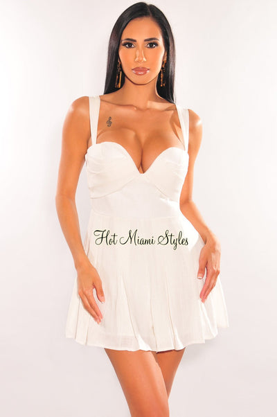 White Linen Padded Sleeveless Sweetheart Romper - Hot Miami Styles