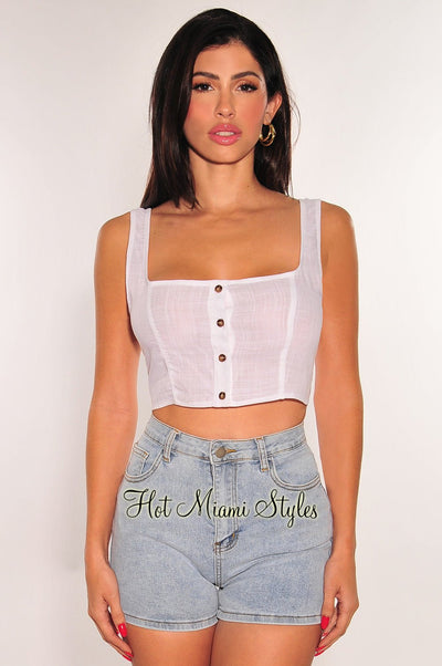 White Linen Square Neck Sleeveless Button Up Crop Top - Hot Miami Styles