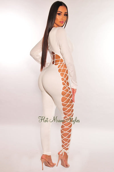 White Long Sleeve Lace Up Back Jumpsuit - Hot Miami Styles