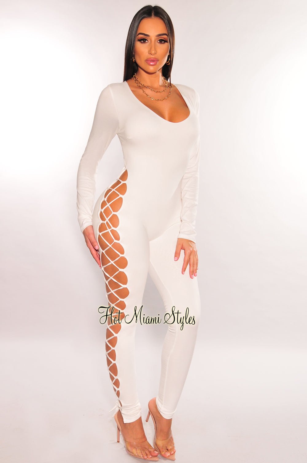 White Long Sleeve Lace Up Back Jumpsuit - Hot Miami Styles