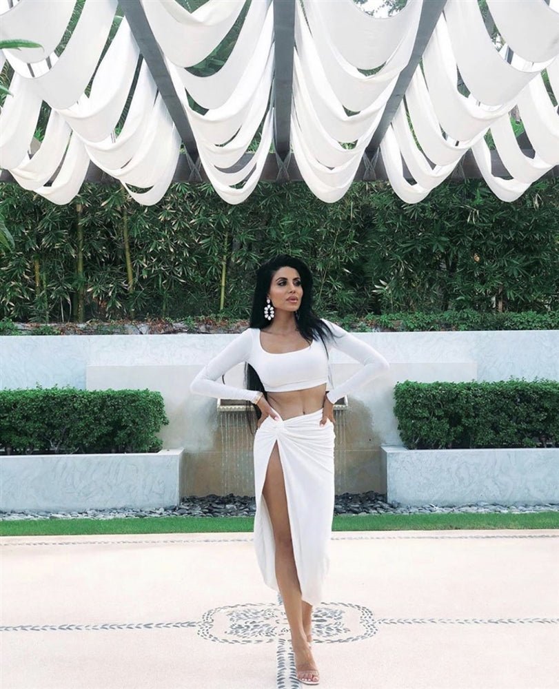 White Long Sleeves Knotted Slit Skirt Two Piece Set - Hot Miami Styles