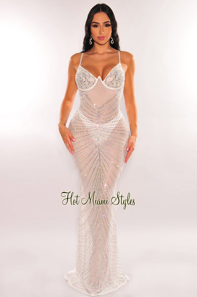 White Mesh Rhinestone Underwire Mermaid Gown - Hot Miami Styles