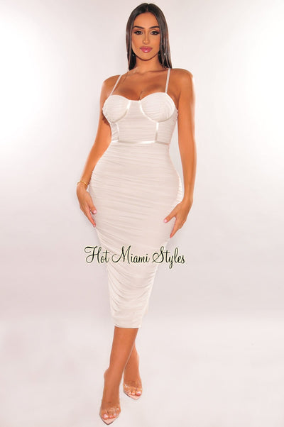 White Mesh Ruched Padded Bustier Slit Dress - Hot Miami Styles