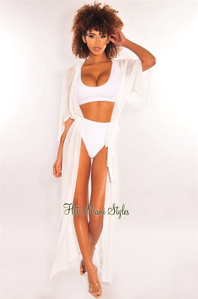White Mesh Sheer Maxi Tie Up Cover Up - Hot Miami Styles