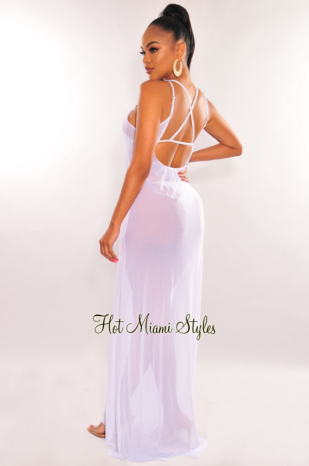 White Mesh Sheer Spaghetti Straps Maxi Dress Cover Up - Hot Miami Styles White Mesh Sheer Spaghetti Straps Maxi Dress Cover Up - Hot Miami Styles