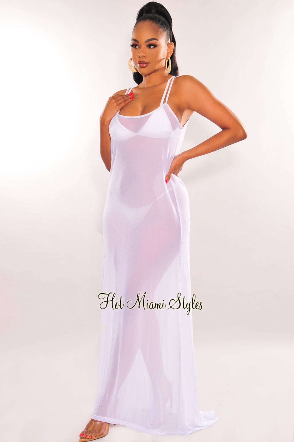 White Mesh Sheer Spaghetti Straps Maxi Dress Cover Up - Hot Miami Styles White Mesh Sheer Spaghetti Straps Maxi Dress Cover Up - Hot Miami Styles