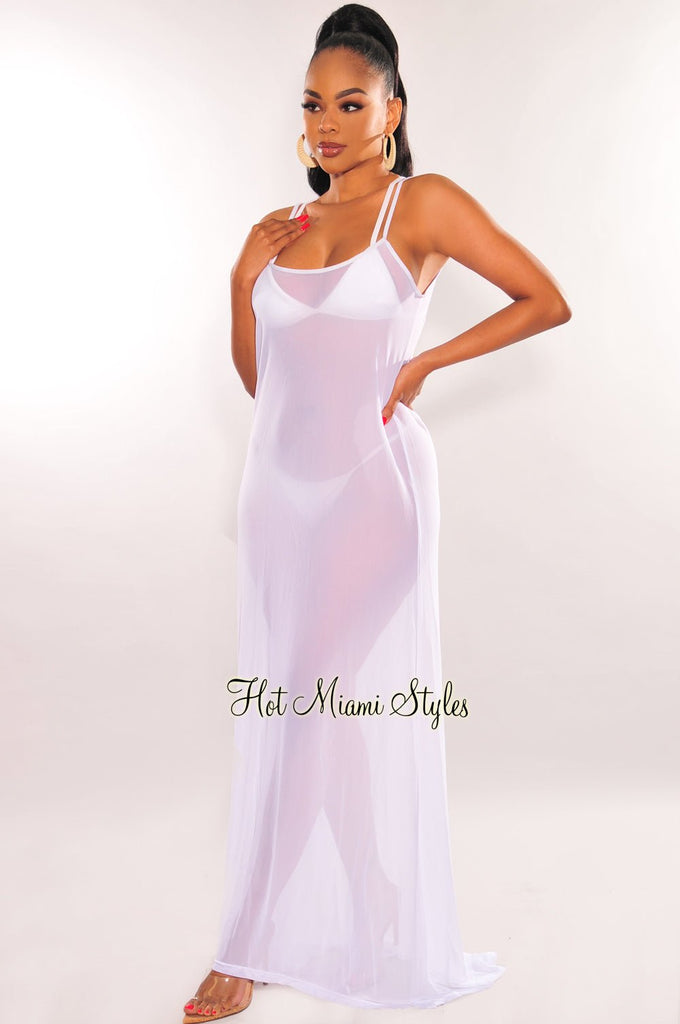 White Mesh Sheer Spaghetti Straps Maxi Dress Cover Up - Hot Miami Styles White Mesh Sheer Spaghetti Straps Maxi Dress Cover Up - Hot Miami Styles