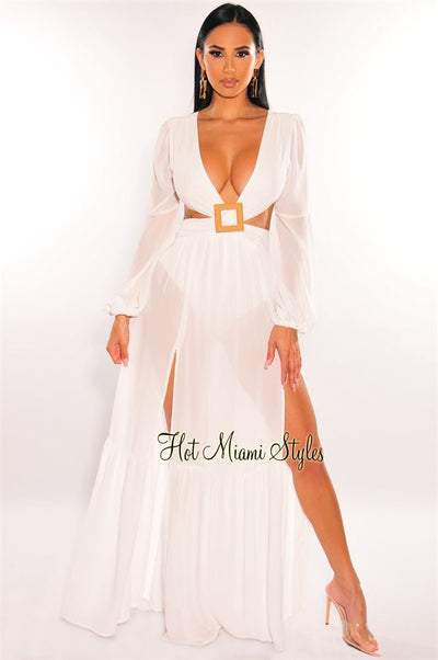 White Mesh V Neck Cut Out Long Sleeves Double Slit Maxi Dress - Hot Miami Styles