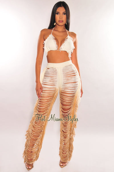 White Mocha Ombre Knit Fringe Ladder Cut Cover Up Pants - Hot Miami Styles