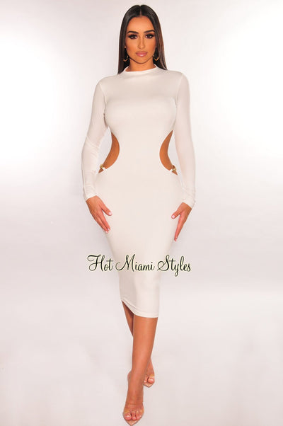 White Mock Neck Gold Chain Cut Out Long Sleeve Dress - Hot Miami Styles