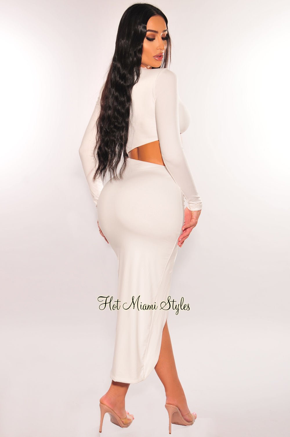 White Mock Neck Long Sleeve Cut Out Ruched Slit Dress Medium White Mock Neck Long Sleeve Cut Out Ruched Slit Dress Medium