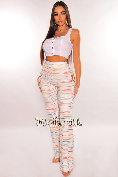 White Multi Color Knit Flower Ring Flare Pants - Hot Miami Styles