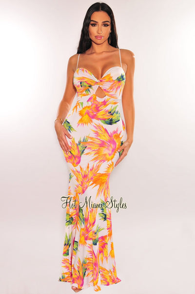 White Multicolor Tropical Print Spaghetti Strap Knotted Cut Out Mermaid Dress - Hot Miami Styles