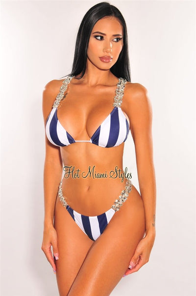 White Navy Stripes Jeweled Tie Up Padded Scrunch Butt Bikini - Hot Miami Styles
