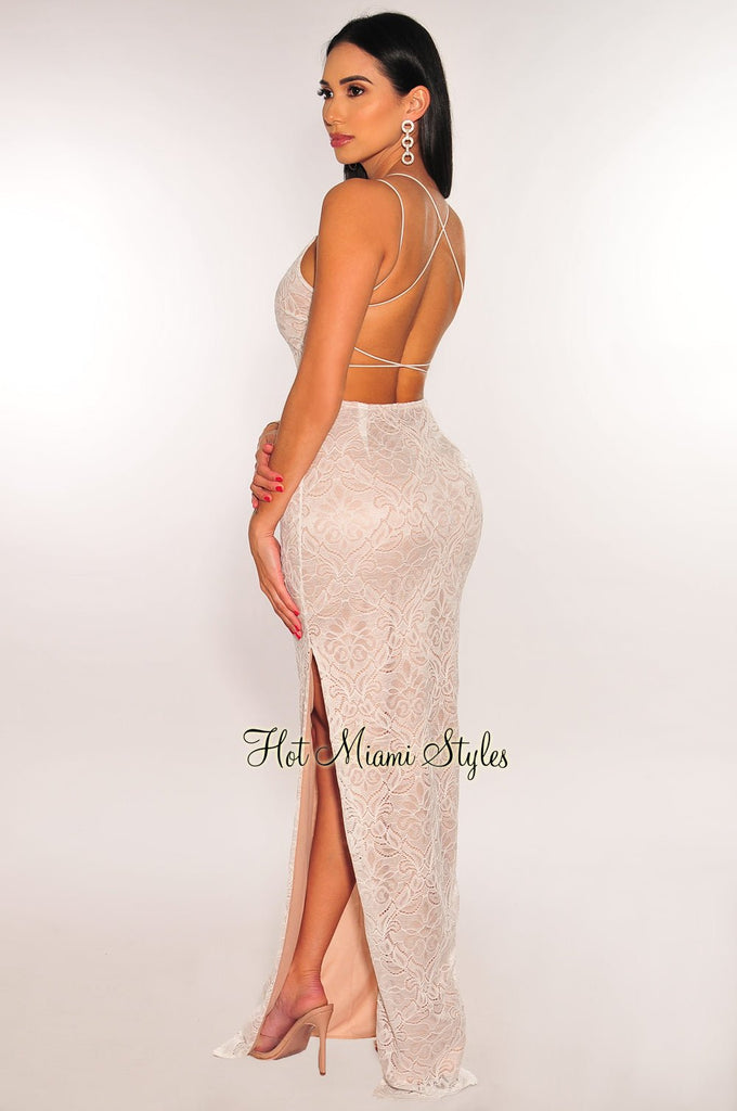 White Nude Floral Lace Elastic Straps CrissCross Back Slit Maxi Dress Small