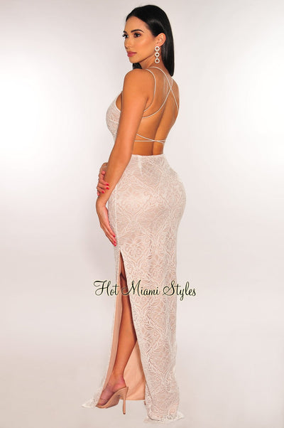 White Nude Floral Lace Elastic Straps CrissCross Back Slit Maxi Dress - Hot Miami Styles