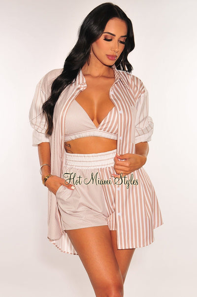 White Nude Striped Bralette Button Down Shorts Three Piece Set - Hot Miami Styles