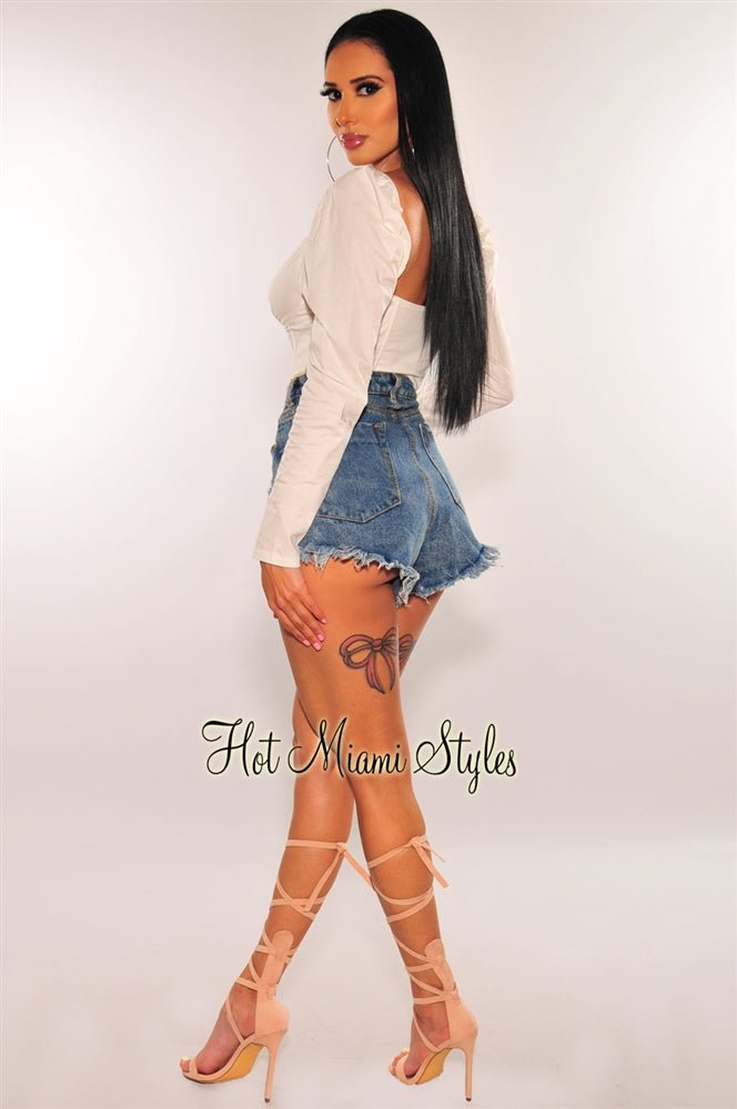 White O-Ring Zipper Boned Long Sleeves Crop Top - Hot Miami White O-Ring Zipper Boned Long Sleeves Crop Top - Hot Miami