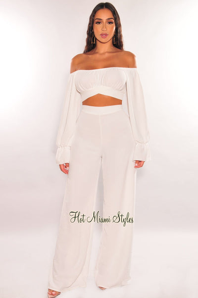 White Off Shoulder Tie Up Palazzo Pant Two Piece Set - Hot Miami Styles