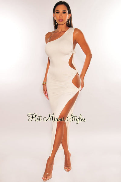 White One Shoulder Cut Out Knotted Slit Dress - Hot Miami Styles