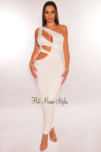White One Shoulder Cut Out Midi Dress - Hot Miami Styles