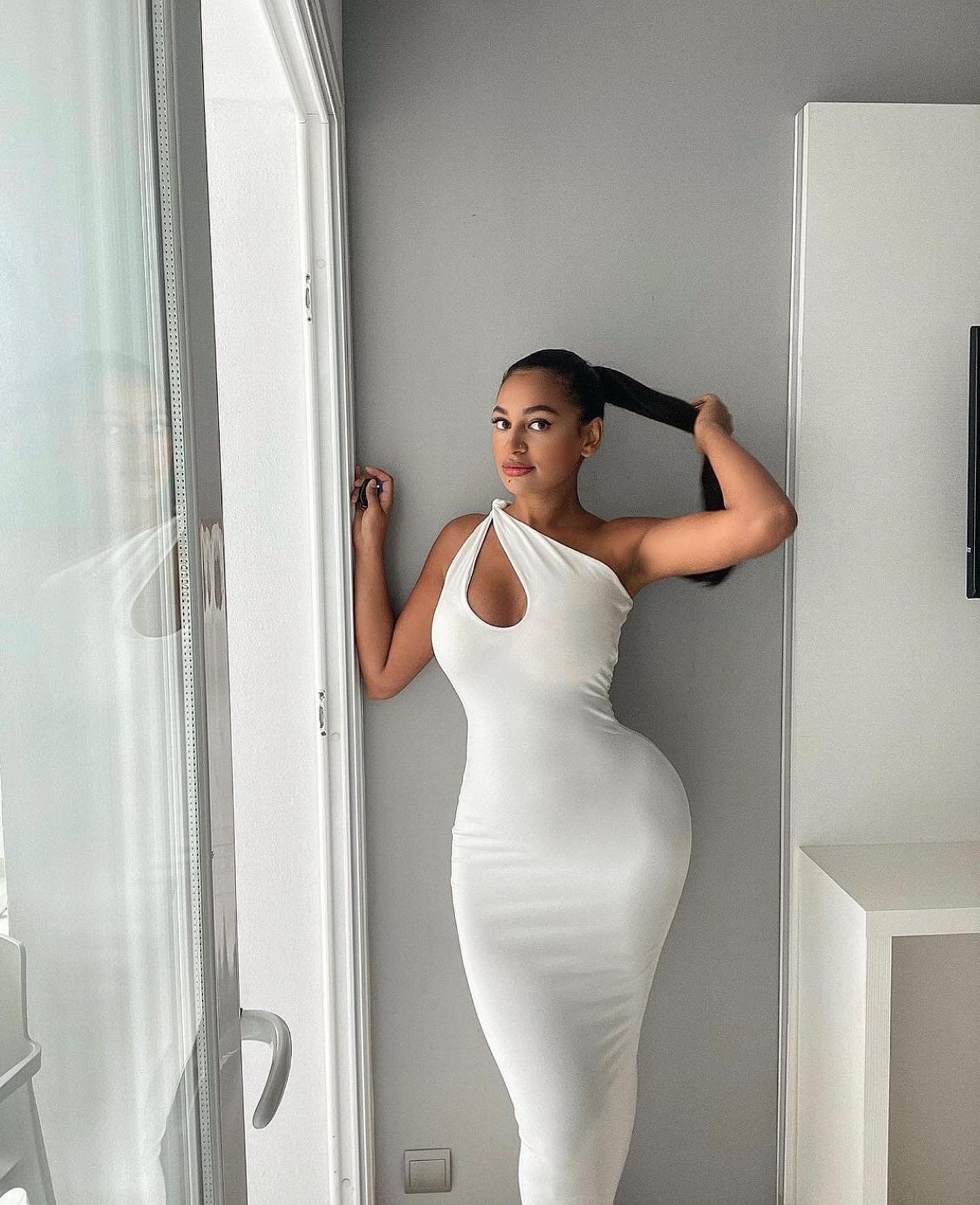 white cut out one shoulder midi dress Unique White Sheath/Column One Shoulder Cut Out Midi Dress
