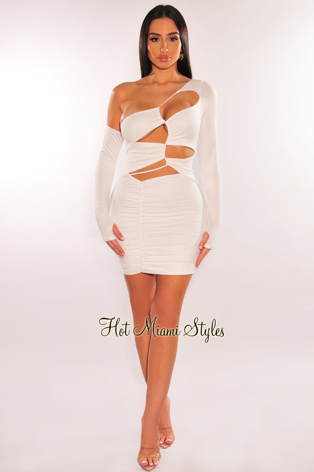 White One Shoulder Long Sleeve Drawstring Cut Out Ruched Dress Hot Miami Styles